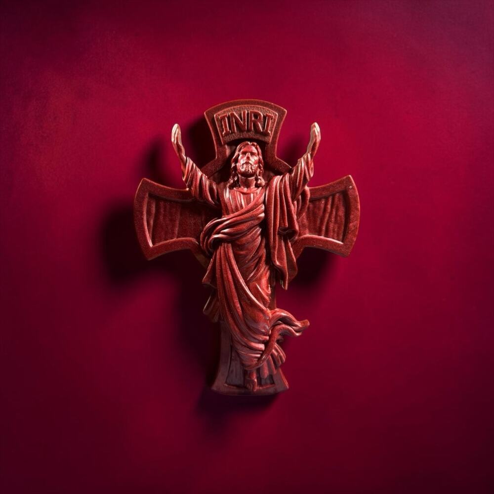 Burgundy Catholic Cross Wall Decor Faith Inspired Home Accent Handcrafted Resin - Picture 4 of 5